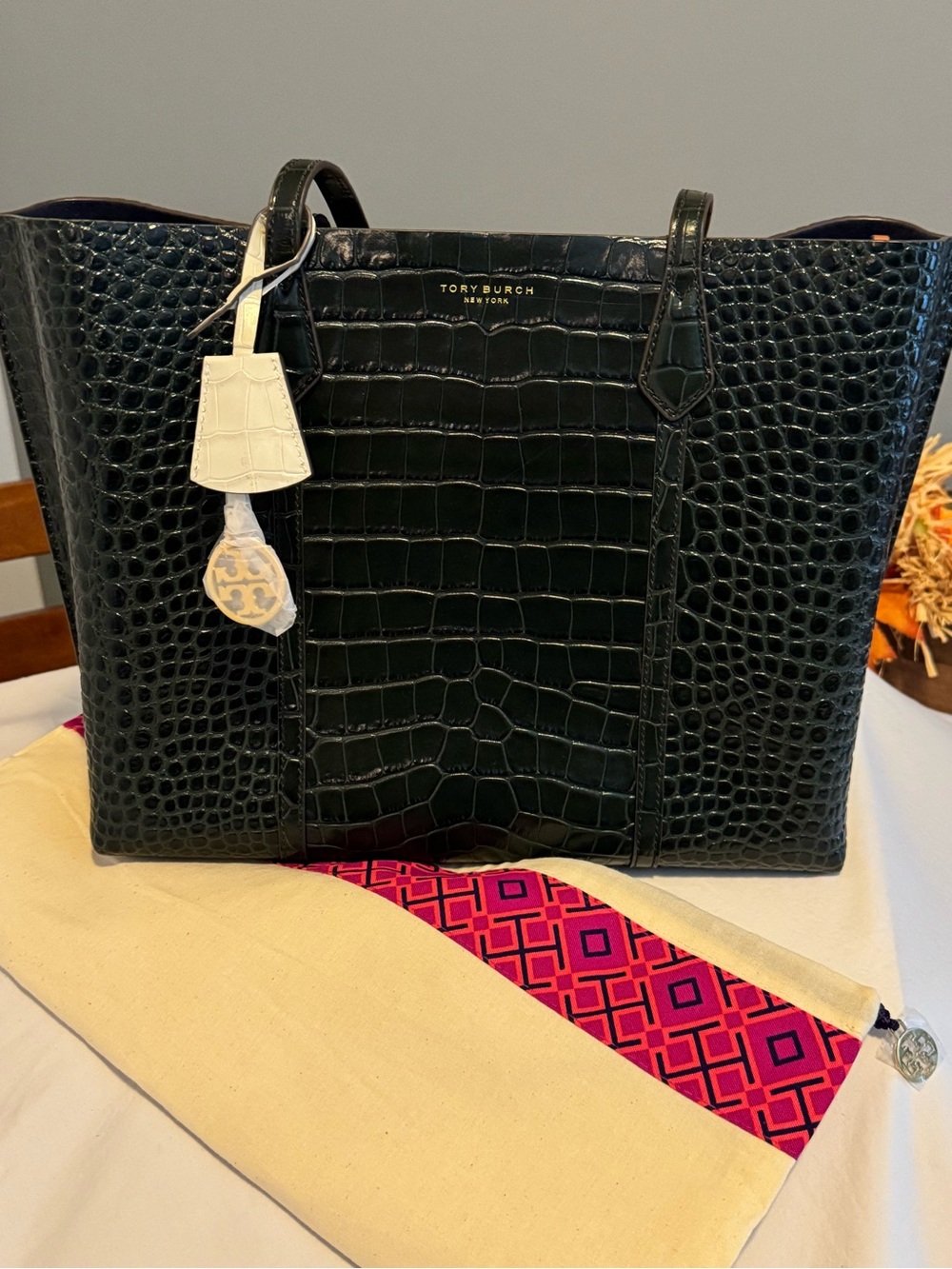 Tory Burch Perry Croc Embossed Triple Compartment Tote Deep Kelp